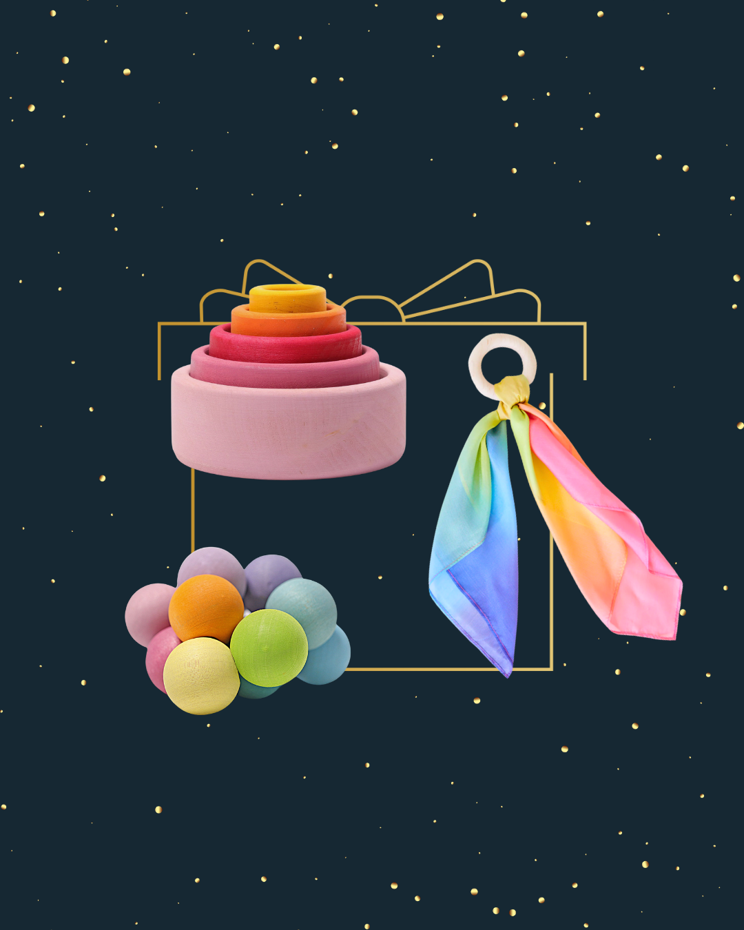 {0-1yo} Grimm's Beads Grasper + Grapat Little Hoop + Sarah's Mini Playsilk + Grimm's Set of Bowls