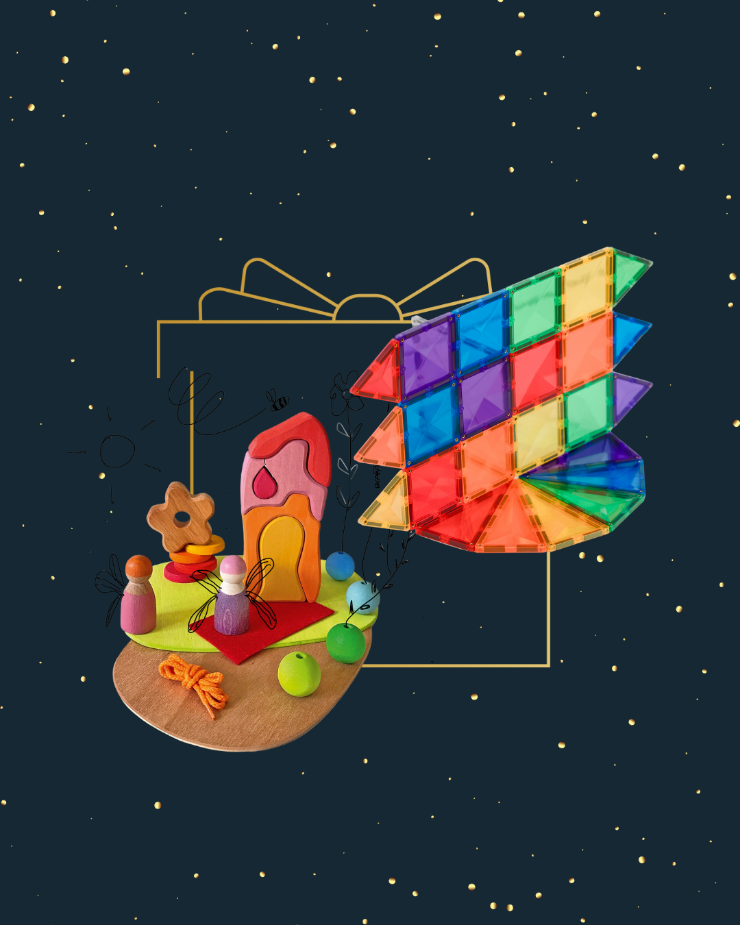 {3-5yo} Grimm's Small World Play Down by the Meadow + Connetix Mini Rainbow